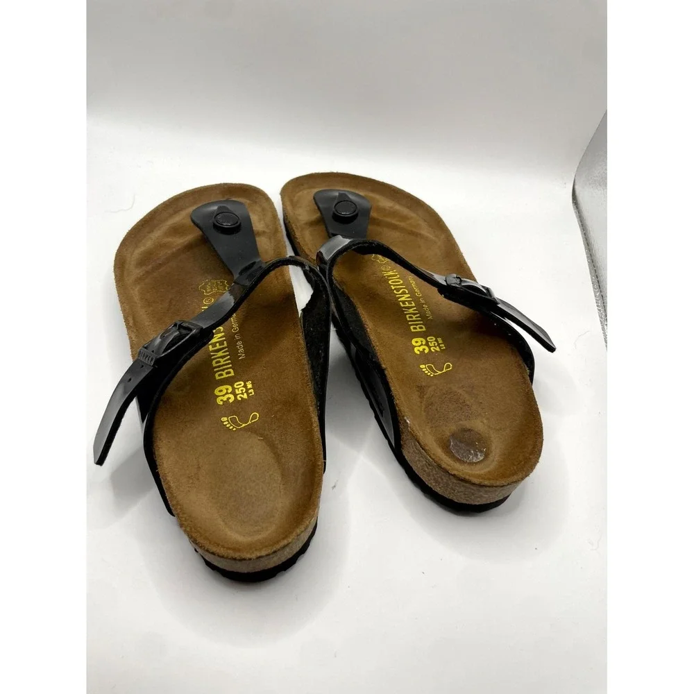 Birkenstock Gizeh Unisex M6/W8 Thong Black Birko-Flor Patent Slip On Sandals